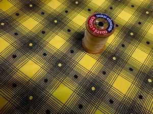 4Yds Vintage Antique Cotton Quilt Fabric Yellow Black Plaid Dots 35W #0598 B2 - Picture 1 of 3