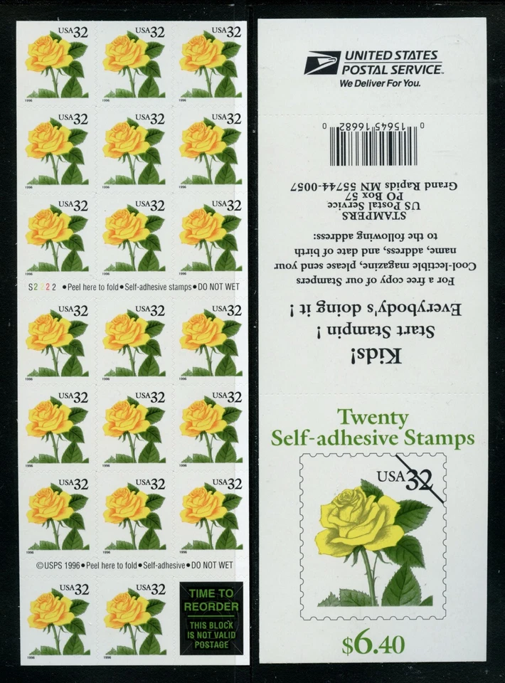 US Scott 3049a YELLOW rose TWO SIDED Self Adhesive booklet Pane of 20 stamps   - Image 1 of 1