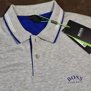 NWT HUGO BOSS POLO SHIRT PAUL CURVED ATHLEISURE HEATHERED GRAY WITH BLUE WHITE L - Picture 1 of 14