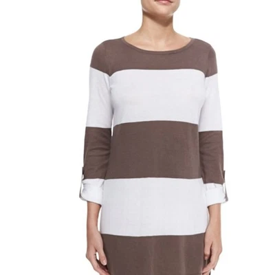 Camisa Tommy Bahama Tejida a Rayas Marrón Blanco Pequeña Manga 3/4 Pestaña Enrollable Informal NUEVA Foto 1 de 4