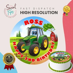 Tractor Personalised Round Edible Birthday Cake Topper Cake Decoration - Picture 1 of 6
