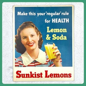 Letrero publicitario vintage Sunkist Lemons Soda años 50 21" cartón litográfico exhibición - Imagen 1 de 14
