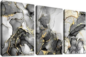 3 Panels Wooden Framed Gray White Gold Marble Canvas Wall Art Painting on Canva - Picture 1 of 8