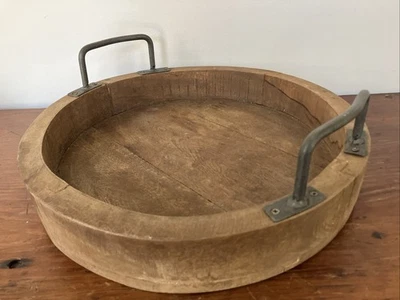 Vintage Antique Style Solid Heavy Hardwood Wooden Metal Handles Tray 15" Wide - Image 1 of 4