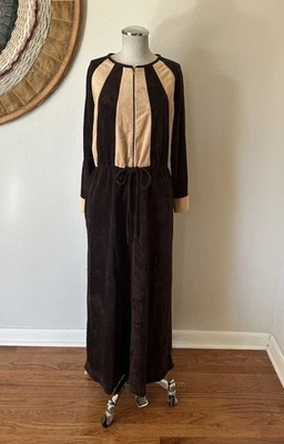 Vintage 70s Velour House Dress Chocolate Brown Caftan Woman's S/M - Image 1 of 4