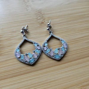 Pastel Cluster Drop Earrings Sterling Silver Marquise Aqua & Pink CZ - Picture 1 of 7