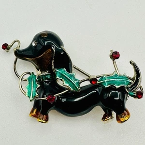 CZ Christmas Dachshund Dog Brown & Gold Plated Enamel Brooch Pin 2” Xmas Holiday - Picture 1 of 4