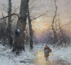 Jungblut Johann 1860-1912 Winter Wald Schnee Winterlandschaft Abend Stimmung - Bild 1 von 9