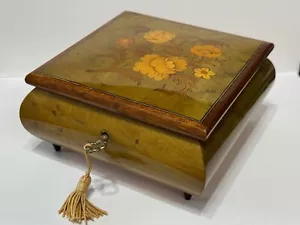 Vintage Reuge Wooden Swiss Music Jewelry Box Floral Inlay Plays Edelweiss - Picture 1 of 11