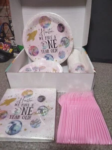 HIPVVILD Girl Space 1st Birthday Party - cups, napkins, forks, plates - Picture 1 of 7