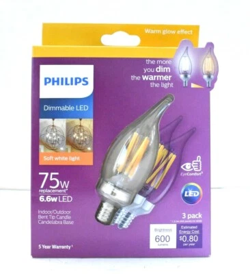 Philips 75W Equivalent Soft White Light BA11 Candelabra Dimmable LED Bulb 3 Pack - Image 1 of 4