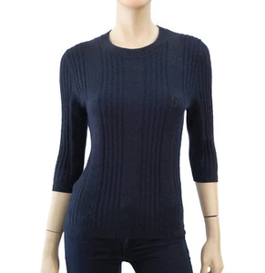 CAROLINA HERRERA Navy Cashmere Silk Channel Knit Half Sleeve Crewnck Sweater M - Picture 1 of 4