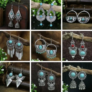 Vintage Turquoise Earrings Ethnic Bronze Geometric Round Pendant Drop Earrings - Picture 1 of 38