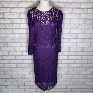 Vintage Woman’s Purple Stretch Lace Semi Sheer Lined Shift Sheath Dress Medium - Picture 1 of 12