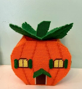 VTG Pumpkin House Cottage Plastic Canvas Needlepoint Lid Lifts Fall Halloween - Picture 1 of 8