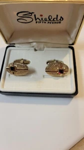 mid century vintage cufflinks by Shields NY gold tone ovals with rhinestone ruby - Picture 1 of 6