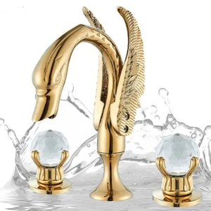 Gold Swan Bathroom Sink Faucet 3 Holes 2 Handles Mount Mixer Waterfall Sink - Bild 1 von 14