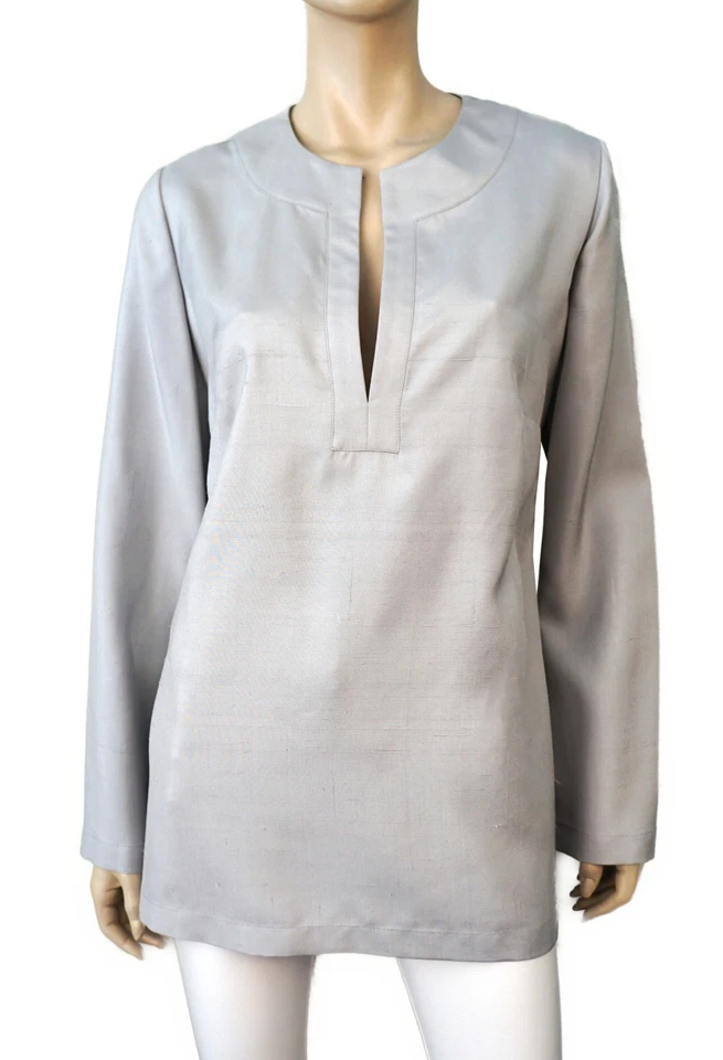 LUCY DE CASTENOU of BEVERLY HILLS Custom Made Oyster Gray Dupioni Silk Tunic L - Image 1 of 4