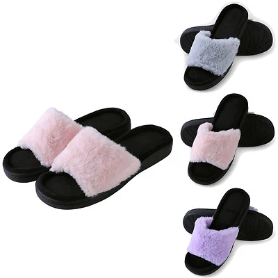 Aerusi Women Open Toe Flat Shoes Sandal Flip Flops Fuzzy Faux Fur Spa Slippers - Image 1 of 4