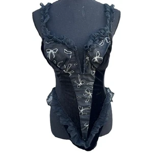 Vintage 80er Fredericks schwarz Samt Schleifen Babydoll hoch geschnitten Dessous Body LARGE - Bild 1 von 8