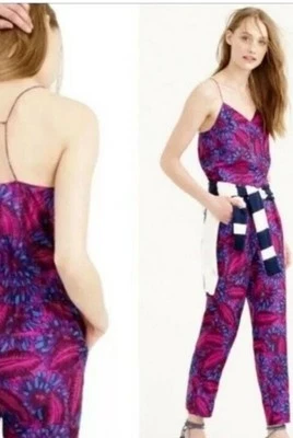 NWOT J. Crew 100% Silk Floral Midnight Fuchsia Strappy Jumpsuit Size 6 Pockets - Image 1 of 4