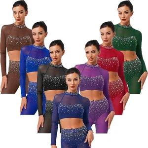 Damen Tanzkleidung Ballett Crop Tops Ballsaal Top Jazz Strass Langarm Tanz - Picture 1 of 96