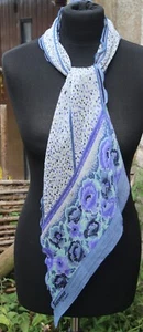 Vintage 1970s JACQMAR Blue Floral Print Pure Wool Long Ruffle Hem Skinny Scarf - Picture 1 of 3