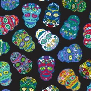Fabric Sugar Skulls by Nutex 100% Cotton 112cm wide #80220 Black - Picture 1 of 1