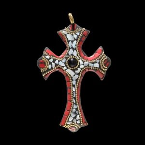Pearl, Onyx & Red Coral Gemstone Tibatan Handmade Boho Cross Pendant 4.4'' - Picture 1 of 1
