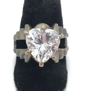 Vintage 925 Sterling Silver & Huge Heart Cut Cubic Zirconia Bold Ring sz 6.5 - Picture 1 of 13