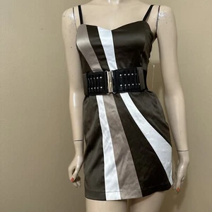 Women’s Brown Beige Striped Polyester Casual Party Belted Zipper Size S Dress - Picture 1 of 20