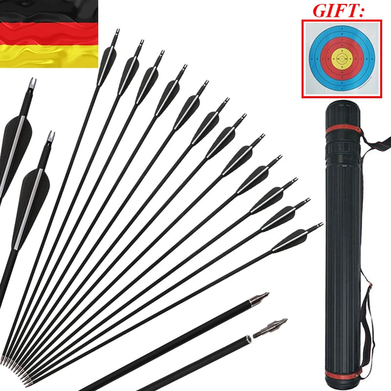 12x 30" Carbonpfeile SP500 &Köcher für Bogenschießen Recurve CompoundBogen Jagd