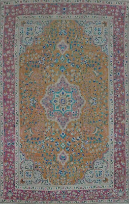 Traditional Wool Orange Floral Area Rug Vintage Hand-made Over-Dyed Carpet 6x11 - Image 1 of 4