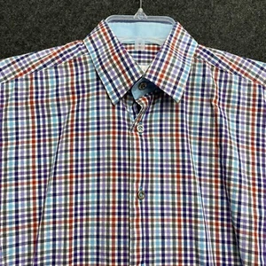 Jared Lang Mens Cotton Long Sleeve Button Up Red Blue Plaid Dress Shirt Small - Picture 1 of 19