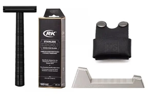 HENSON SHAVING Jet Black AL13 DE Safety Razor & 100 RK Blades Leather Case stand - Picture 1 of 23