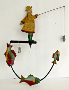 Nautical Fisherman Fishing Sky Hook 19" Teeter Totter Tin Metal Balance Folk Art - Picture 1 of 2