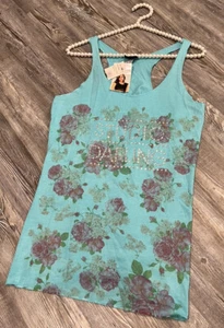 NWT Heart & Soul Blue Floral Jersey Racerback Rhinestoned STUDIO DARLING Shirt M - Picture 1 of 19