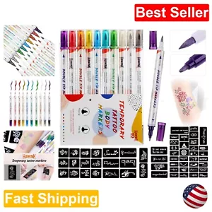 Vibrant Temporary Tattoo Markers Kit with 56 Stencils - Skin-Safe Body Art Pens - Picture 1 of 10