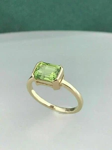 2Ct Emerald Cut Lab-Created Green Peridot Engagement Ring 14K Yellow Gold Plated - Picture 1 of 11