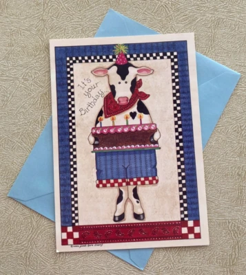 Vintage Sandi Gore Evans Eat Drink & Be Dairy Cow Happy Birthday Card - Image 1 of 3