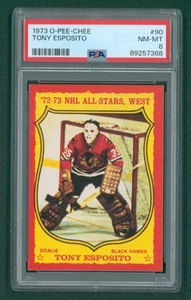 Tarjeta de hockey O-Pee-Chee 1973 - #90 Tony Esposito, PSA 8 casi nueva/como nueva - Imagen 1 de 2