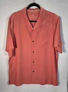 Tommy Bahama shirt L men peach embedded design button up short sleeve 100% silk - Picture 1 of 6