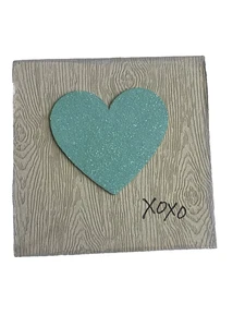 Glittered Teal Heart XOXO Faux Grey Wood MDF 4”x4” Décor Wedding Holiday - Picture 1 of 6