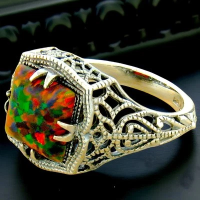 DECO ANTIQUE STYLE 925 STERLING SILVER LAB-CREATED RED OPAL FILIGREE RING   #902 - Image 1 of 2