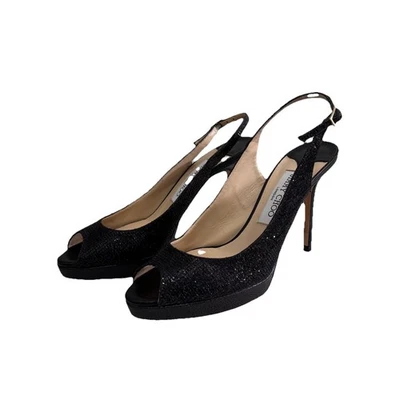 Jimmy Choo Nova Peep Toe High Heels Shimmery Black Women 37.5 Made In Italy - Image 1 of 4