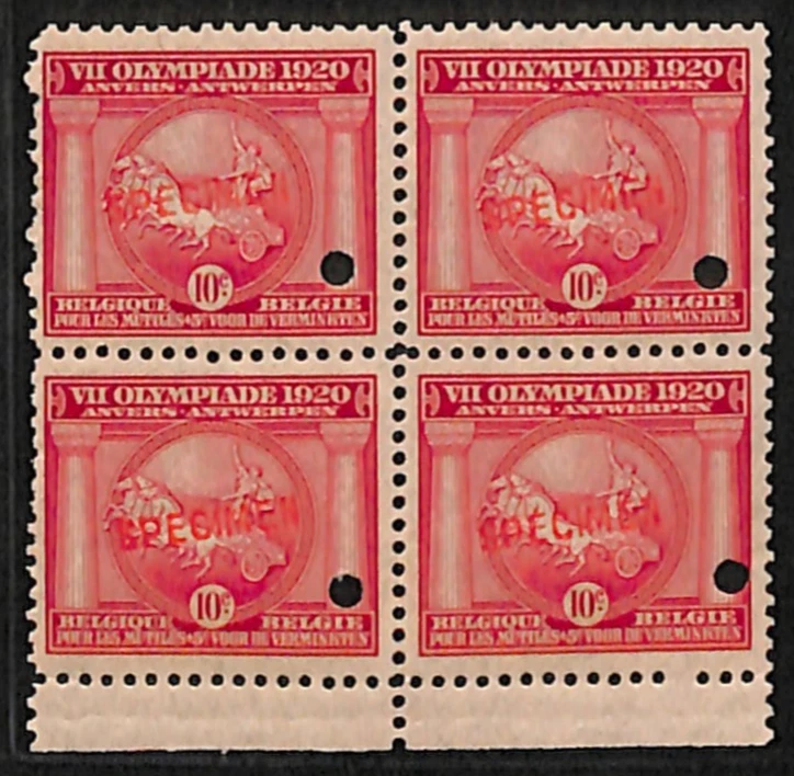 Belgium OLYMPIC GAMES 1920 ANTWERP 10c *SPECIMEN* Stamps Block{4} Mint MM VS111 - Image 1 of 4