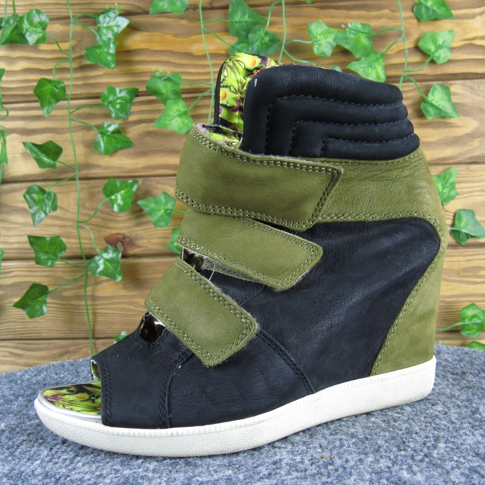 Boutique 9 Nerine Women 7 Black/Olive Leather Wedge Sneaker Bootie Hook-and-Loop - Image 1 of 4