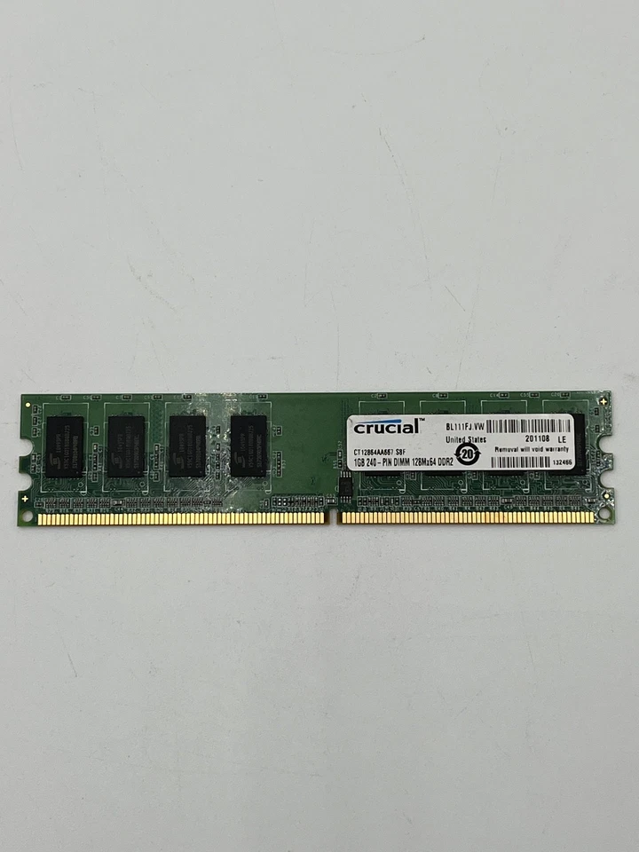 Crucial  1GB 240-PIN DIMM 128Mx64 DDR2 PC2 Desktop Memory Model CT12864AA667 - Image 1 of 1