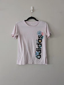 Adidas Pink Graphic T-Shirt Large Girls Size 14 Floral Tee Short Sleeve Top - Picture 1 of 7