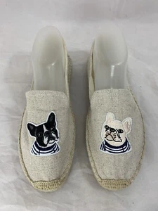 SOLUDOS Tan Canvas Slip On Espadrilles Shoe Applique French Bull Dog Size 10M - Picture 1 of 12